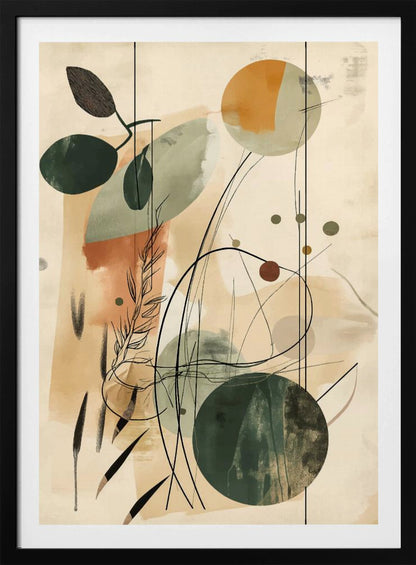 An abstract artwork featuring a blend of botanical and geometric elements. On a beige background, there are overlapping shapes in muted green, sage, and terracotta. Fine black lines create the outlines of leaves, stems, and swirling abstract forms, adding a layer of detail over the painted shapes. Poster