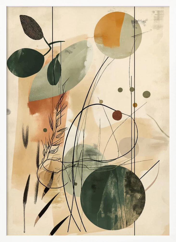 An abstract artwork featuring a blend of botanical and geometric elements. On a beige background, there are overlapping shapes in muted green, sage, and terracotta. Fine black lines create the outlines of leaves, stems, and swirling abstract forms, adding a layer of detail over the painted shapes. Poster