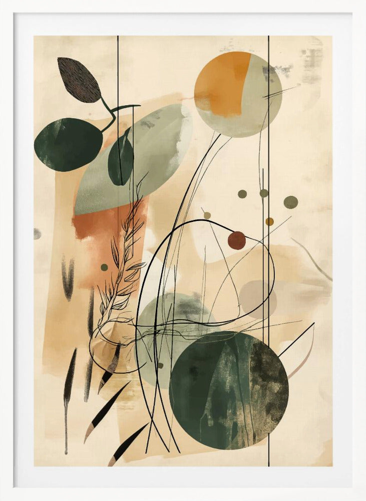 An abstract artwork featuring a blend of botanical and geometric elements. On a beige background, there are overlapping shapes in muted green, sage, and terracotta. Fine black lines create the outlines of leaves, stems, and swirling abstract forms, adding a layer of detail over the painted shapes. Poster