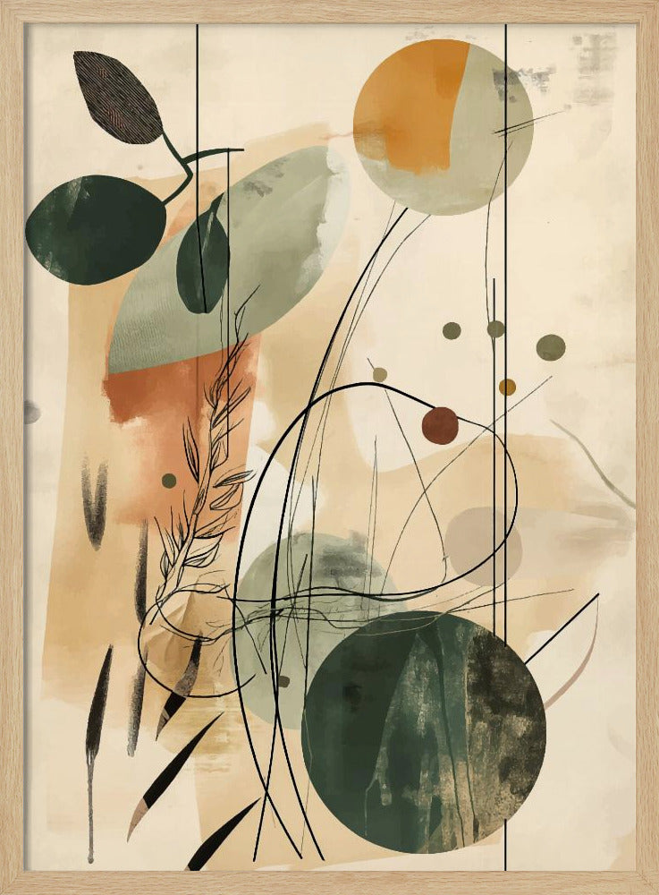 An abstract artwork featuring a blend of botanical and geometric elements. On a beige background, there are overlapping shapes in muted green, sage, and terracotta. Fine black lines create the outlines of leaves, stems, and swirling abstract forms, adding a layer of detail over the painted shapes. Poster