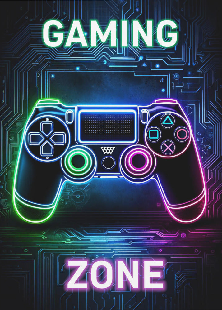 A futuristic gaming poster with a neon-outlined video game controller glowing in shades of blue, green, and pink. The controller is set against a dark background with a blue circuit board pattern. The words 'GAMING' and 'ZONE' are written in large, glowing neon letters above and below the controller. Artwork