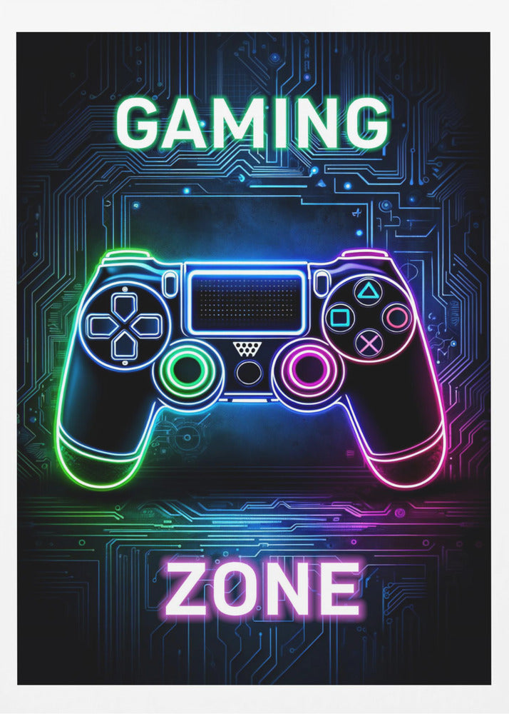 A futuristic gaming poster with a neon-outlined video game controller glowing in shades of blue, green, and pink. The controller is set against a dark background with a blue circuit board pattern. The words 'GAMING' and 'ZONE' are written in large, glowing neon letters above and below the controller. Artwork