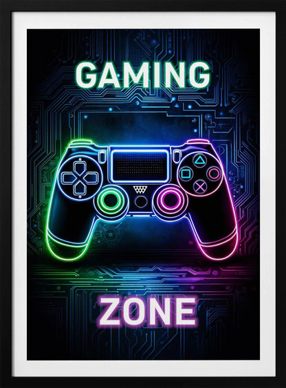 A futuristic gaming poster with a neon-outlined video game controller glowing in shades of blue, green, and pink. The controller is set against a dark background with a blue circuit board pattern. The words 'GAMING' and 'ZONE' are written in large, glowing neon letters above and below the controller. Artwork