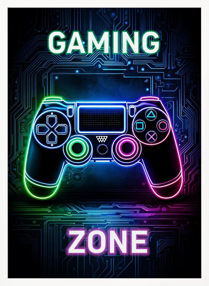 A futuristic gaming poster with a neon-outlined video game controller glowing in shades of blue, green, and pink. The controller is set against a dark background with a blue circuit board pattern. The words 'GAMING' and 'ZONE' are written in large, glowing neon letters above and below the controller. Artwork