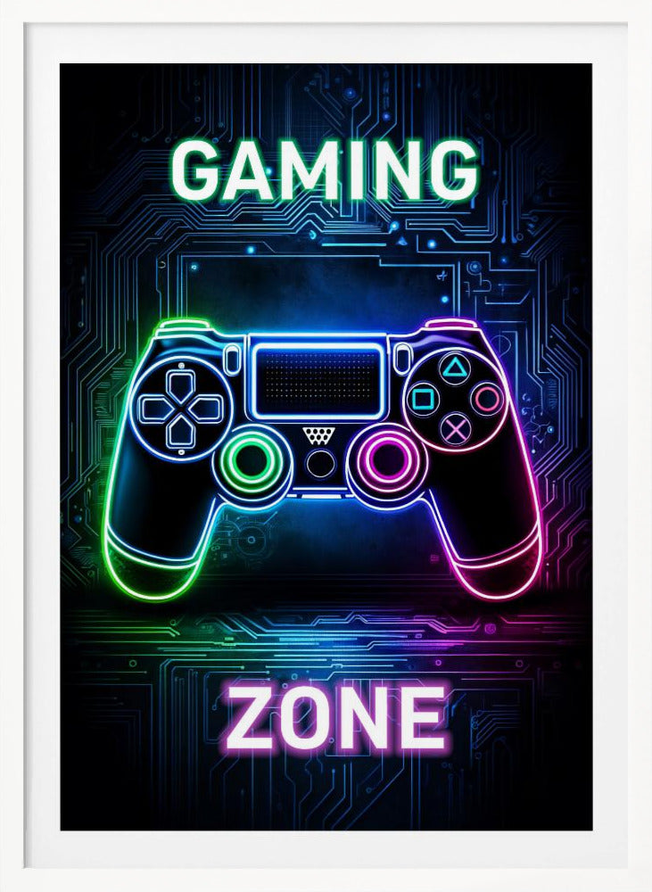 A futuristic gaming poster with a neon-outlined video game controller glowing in shades of blue, green, and pink. The controller is set against a dark background with a blue circuit board pattern. The words 'GAMING' and 'ZONE' are written in large, glowing neon letters above and below the controller. Artwork