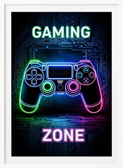 A futuristic gaming poster with a neon-outlined video game controller glowing in shades of blue, green, and pink. The controller is set against a dark background with a blue circuit board pattern. The words 'GAMING' and 'ZONE' are written in large, glowing neon letters above and below the controller. Artwork