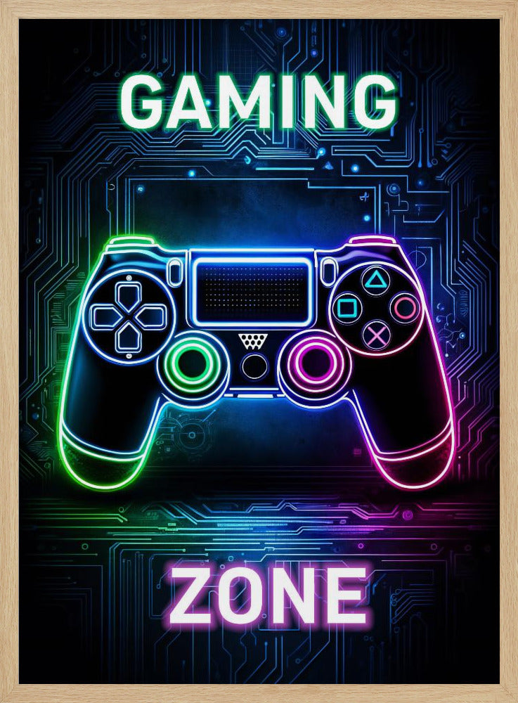 A futuristic gaming poster with a neon-outlined video game controller glowing in shades of blue, green, and pink. The controller is set against a dark background with a blue circuit board pattern. The words 'GAMING' and 'ZONE' are written in large, glowing neon letters above and below the controller. Artwork