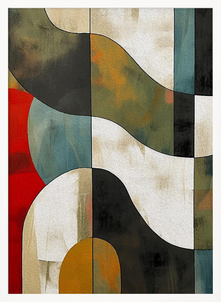 Abstract Fields No 1 art print, featuring a stylized landscape with fluid shapes and a blend of blue, green, yellow, and brown tones, reminiscent of fields. Decor