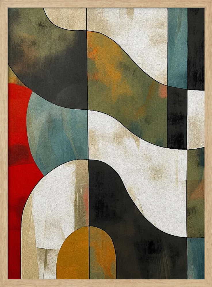 Abstract Fields No 1 art print, featuring a stylized landscape with fluid shapes and a blend of blue, green, yellow, and brown tones, reminiscent of fields. Decor