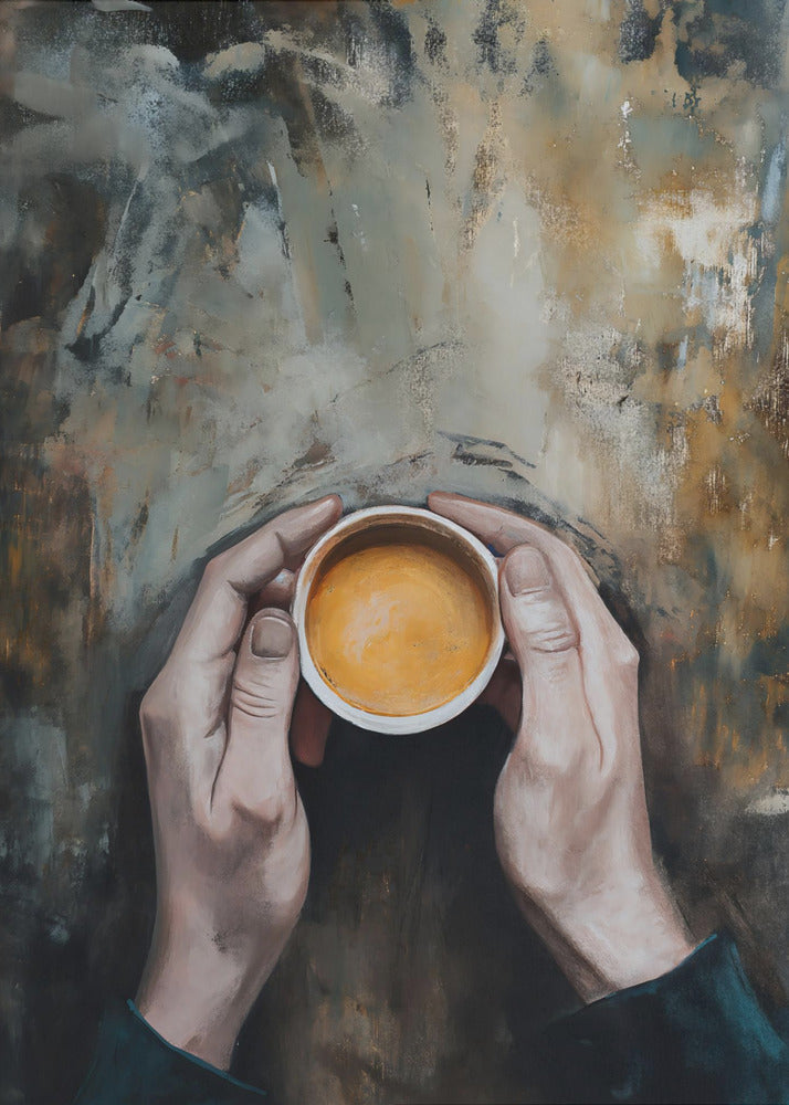 An overhead view painting of two hands cupping a small white mug filled with coffee against a textured, abstract background of brown and grey tones. The artwork is presented in a simple black frame. Print