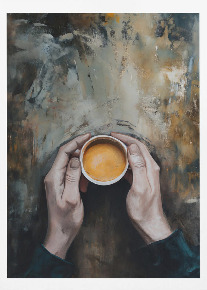An overhead view painting of two hands cupping a small white mug filled with coffee against a textured, abstract background of brown and grey tones. The artwork is presented in a simple black frame. Print