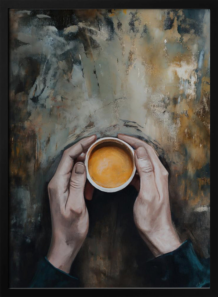 An overhead view painting of two hands cupping a small white mug filled with coffee against a textured, abstract background of brown and grey tones. The artwork is presented in a simple black frame. Print