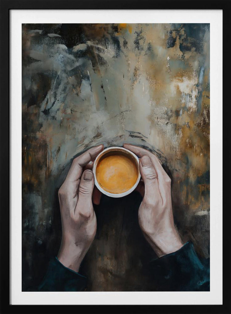 An overhead view painting of two hands cupping a small white mug filled with coffee against a textured, abstract background of brown and grey tones. The artwork is presented in a simple black frame. Print