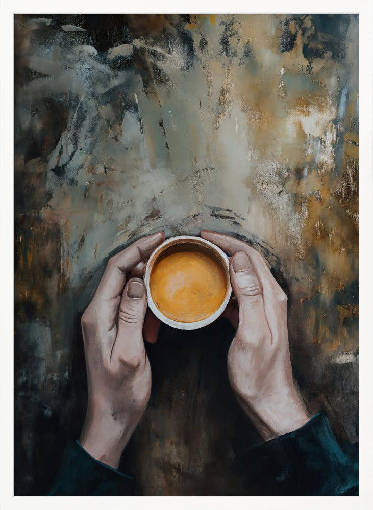 An overhead view painting of two hands cupping a small white mug filled with coffee against a textured, abstract background of brown and grey tones. The artwork is presented in a simple black frame. Print