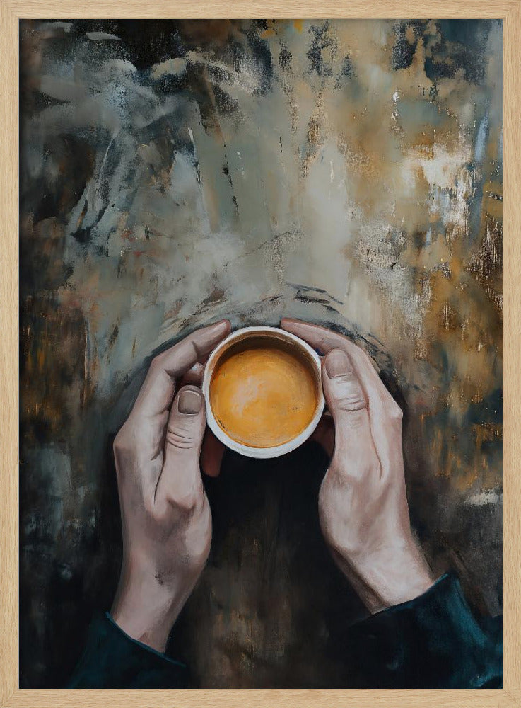 An overhead view painting of two hands cupping a small white mug filled with coffee against a textured, abstract background of brown and grey tones. The artwork is presented in a simple black frame. Print