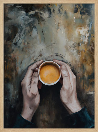 An overhead view painting of two hands cupping a small white mug filled with coffee against a textured, abstract background of brown and grey tones. The artwork is presented in a simple black frame. Print
