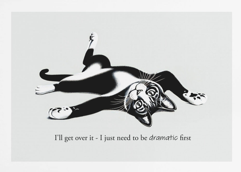 A framed black and white illustration of a tuxedo cat lying playfully on its back. Below the image is the text, 'I'll get over it - I just need to be dramatic first'. Artwork