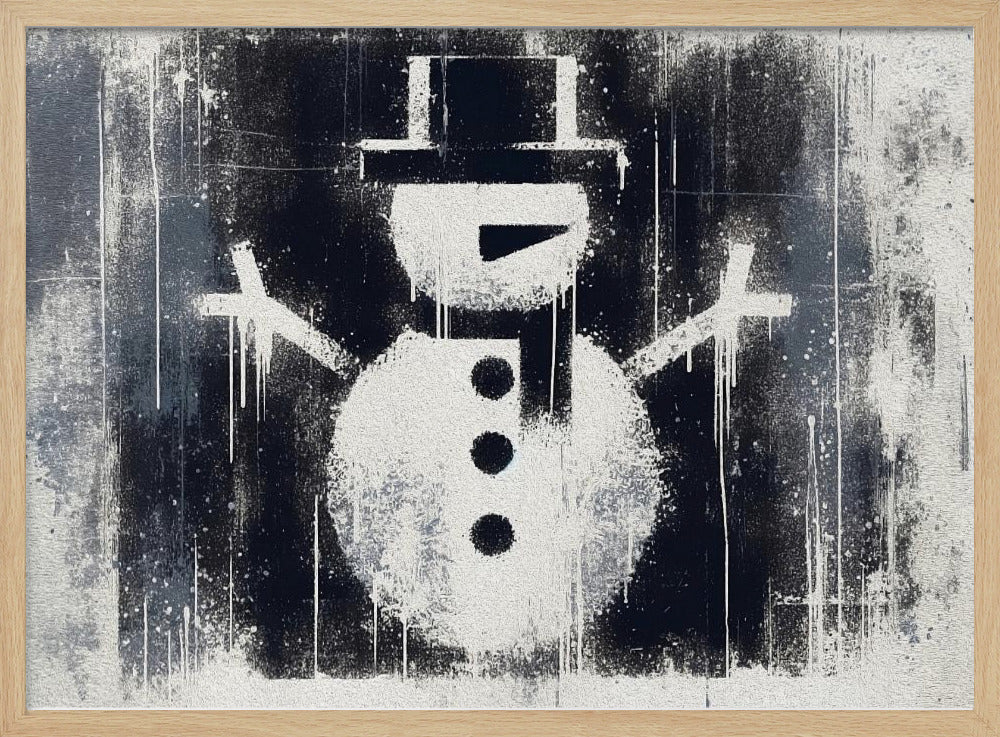 A framed black and white urban art piece featuring a stenciled snowman. The artwork has a gritty, street-art feel with spray paint texture, drips, and splatters on a dark, distressed background. The snowman is white with a black top hat, scarf, buttons, and nose. Decor