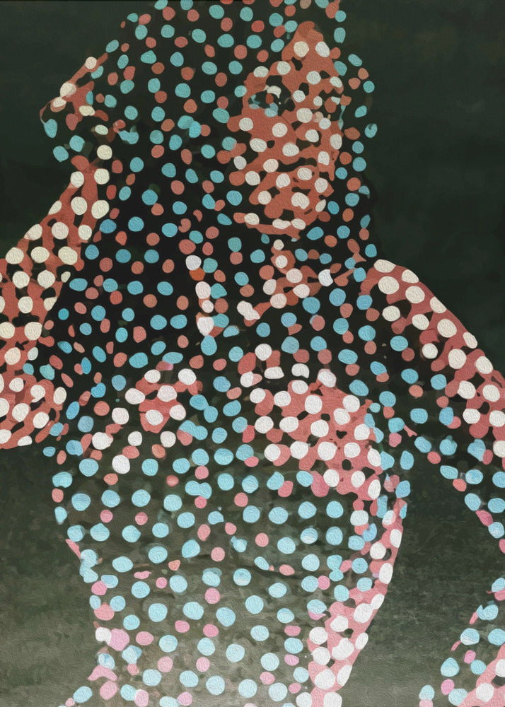 A modern pop art portrait of a person, where their silhouette is filled with a dense pattern of red, light blue, and white dots against a solid dark background, creating a fragmented and stylized image. Decor