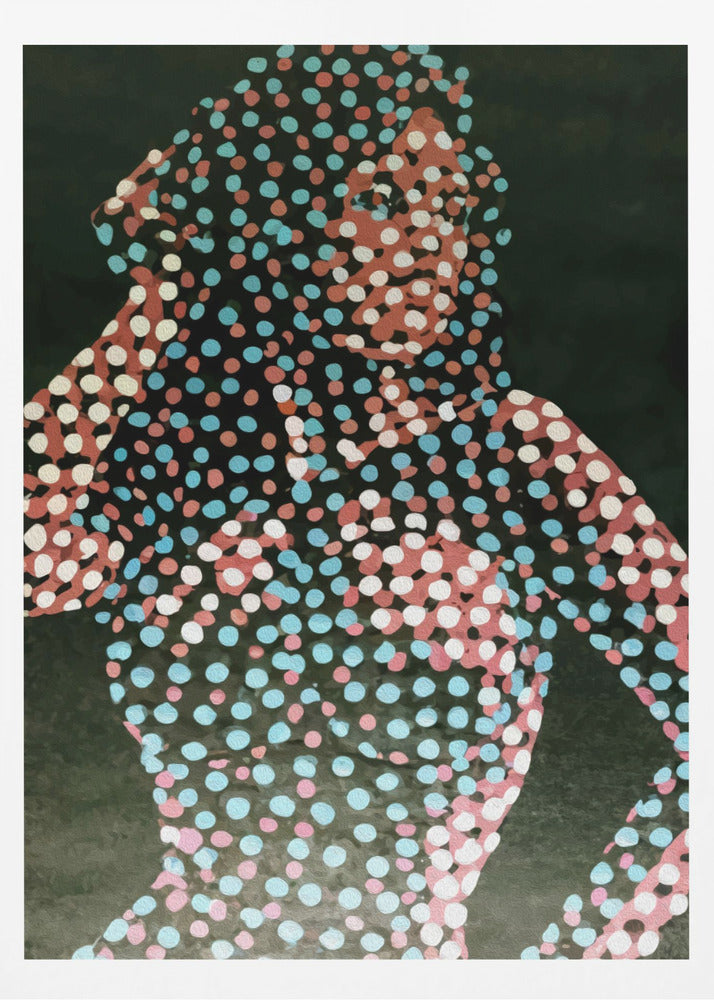 A modern pop art portrait of a person, where their silhouette is filled with a dense pattern of red, light blue, and white dots against a solid dark background, creating a fragmented and stylized image. Decor