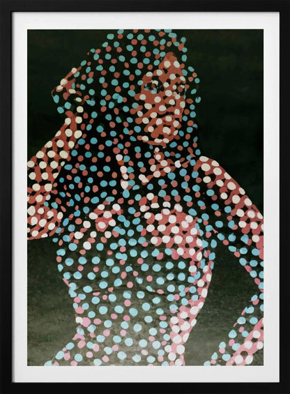 A modern pop art portrait of a person, where their silhouette is filled with a dense pattern of red, light blue, and white dots against a solid dark background, creating a fragmented and stylized image. Decor