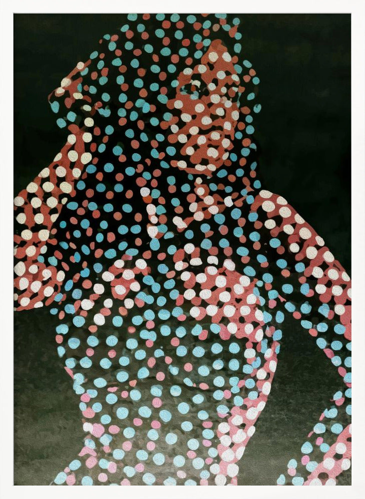 A modern pop art portrait of a person, where their silhouette is filled with a dense pattern of red, light blue, and white dots against a solid dark background, creating a fragmented and stylized image. Decor