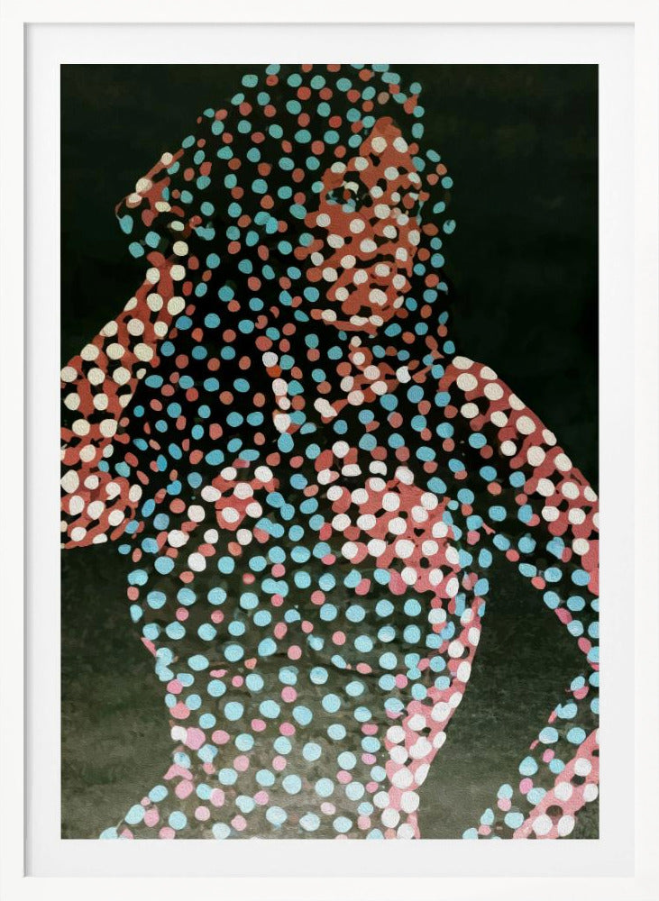 A modern pop art portrait of a person, where their silhouette is filled with a dense pattern of red, light blue, and white dots against a solid dark background, creating a fragmented and stylized image. Decor