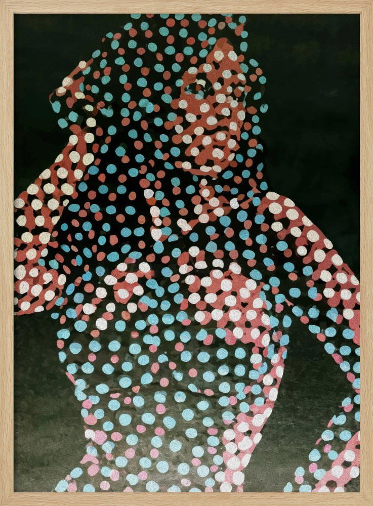 A modern pop art portrait of a person, where their silhouette is filled with a dense pattern of red, light blue, and white dots against a solid dark background, creating a fragmented and stylized image. Decor
