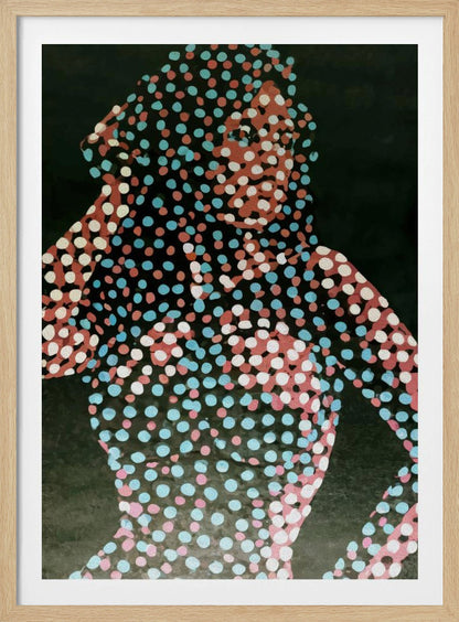 A modern pop art portrait of a person, where their silhouette is filled with a dense pattern of red, light blue, and white dots against a solid dark background, creating a fragmented and stylized image. Decor