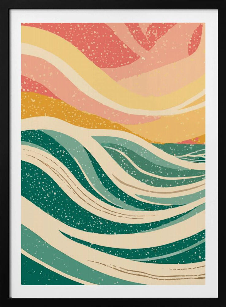 An abstract art print depicting stylized ocean waves in various shades of green and off-white. Above the waves, the sky is rendered in flowing bands of yellow, peach, and pink. The entire image has a speckled, retro texture and is enclosed in a thin black frame. Decor