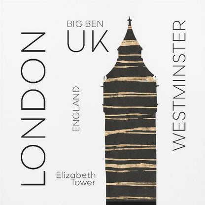 A modern art print in a light wood frame featuring a stylized black and gold silhouette of Big Ben. The image is on a white background with sans-serif text reading 'LONDON' and 'WESTMINSTER' vertically on either side, and 'BIG BEN', 'UK', and 'ENGLAND' centrally. Wall Art