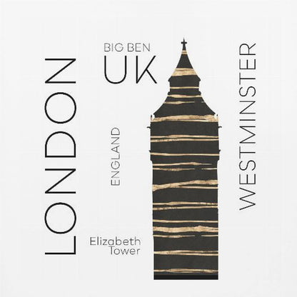 A modern art print in a light wood frame featuring a stylized black and gold silhouette of Big Ben. The image is on a white background with sans-serif text reading 'LONDON' and 'WESTMINSTER' vertically on either side, and 'BIG BEN', 'UK', and 'ENGLAND' centrally. Wall Art