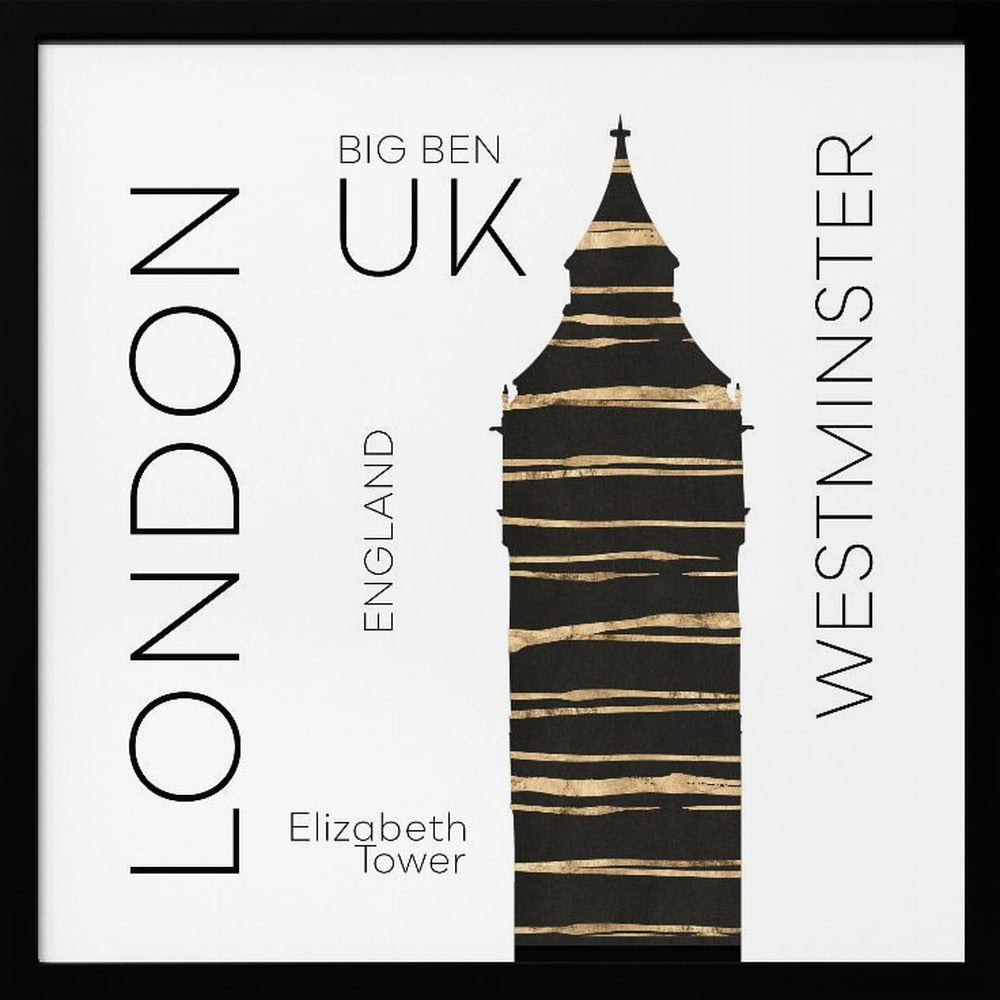 A modern art print in a light wood frame featuring a stylized black and gold silhouette of Big Ben. The image is on a white background with sans-serif text reading 'LONDON' and 'WESTMINSTER' vertically on either side, and 'BIG BEN', 'UK', and 'ENGLAND' centrally. Wall Art