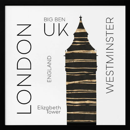 A modern art print in a light wood frame featuring a stylized black and gold silhouette of Big Ben. The image is on a white background with sans-serif text reading 'LONDON' and 'WESTMINSTER' vertically on either side, and 'BIG BEN', 'UK', and 'ENGLAND' centrally. Wall Art