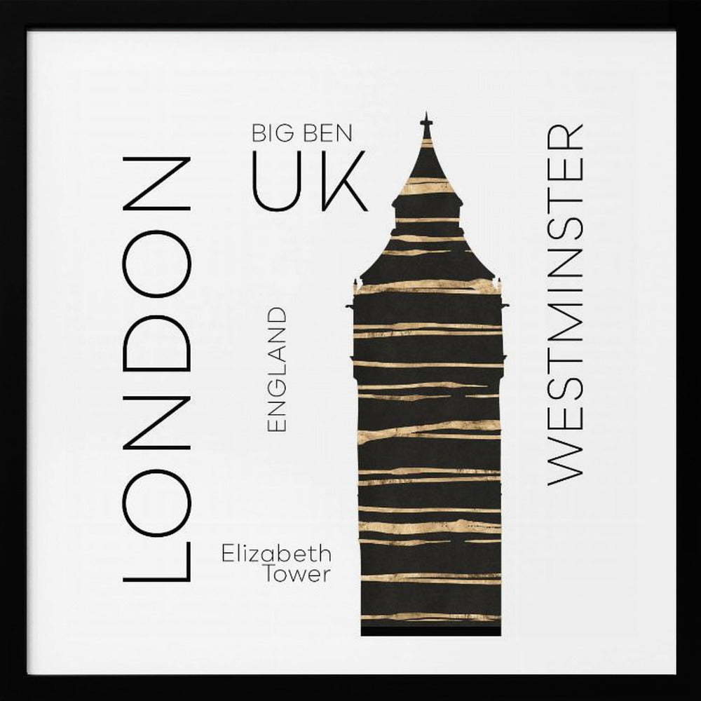 A modern art print in a light wood frame featuring a stylized black and gold silhouette of Big Ben. The image is on a white background with sans-serif text reading 'LONDON' and 'WESTMINSTER' vertically on either side, and 'BIG BEN', 'UK', and 'ENGLAND' centrally. Wall Art