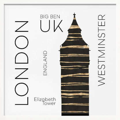 A modern art print in a light wood frame featuring a stylized black and gold silhouette of Big Ben. The image is on a white background with sans-serif text reading 'LONDON' and 'WESTMINSTER' vertically on either side, and 'BIG BEN', 'UK', and 'ENGLAND' centrally. Wall Art
