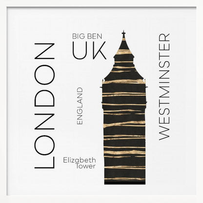 A modern art print in a light wood frame featuring a stylized black and gold silhouette of Big Ben. The image is on a white background with sans-serif text reading 'LONDON' and 'WESTMINSTER' vertically on either side, and 'BIG BEN', 'UK', and 'ENGLAND' centrally. Wall Art