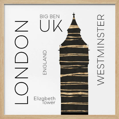 A modern art print in a light wood frame featuring a stylized black and gold silhouette of Big Ben. The image is on a white background with sans-serif text reading 'LONDON' and 'WESTMINSTER' vertically on either side, and 'BIG BEN', 'UK', and 'ENGLAND' centrally. Wall Art