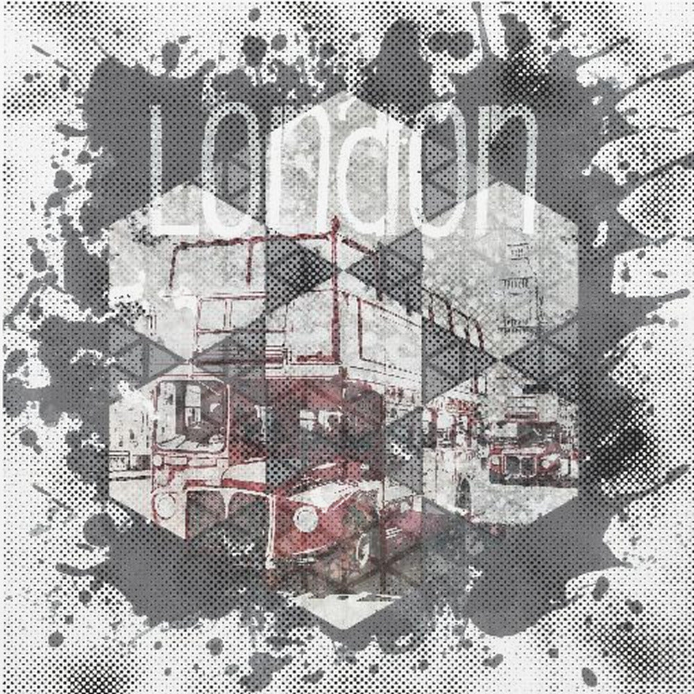 A framed modern art piece featuring a collage of London imagery, including a red double-decker bus and Big Ben, arranged in a hexagonal pattern. The artwork has a graphic, pop-art style with halftone dot effects and is surrounded by grey and black ink splatters, with the word 'london' visible at the top. Poster