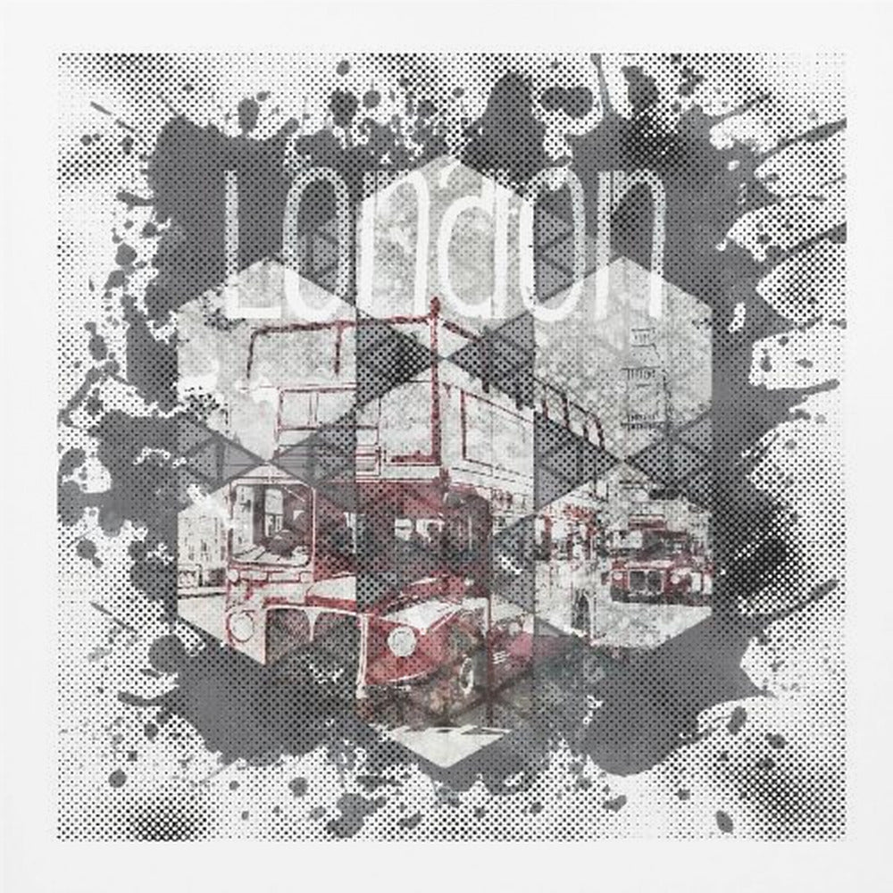 A framed modern art piece featuring a collage of London imagery, including a red double-decker bus and Big Ben, arranged in a hexagonal pattern. The artwork has a graphic, pop-art style with halftone dot effects and is surrounded by grey and black ink splatters, with the word 'london' visible at the top. Poster