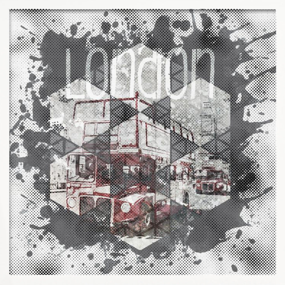 A framed modern art piece featuring a collage of London imagery, including a red double-decker bus and Big Ben, arranged in a hexagonal pattern. The artwork has a graphic, pop-art style with halftone dot effects and is surrounded by grey and black ink splatters, with the word 'london' visible at the top. Poster
