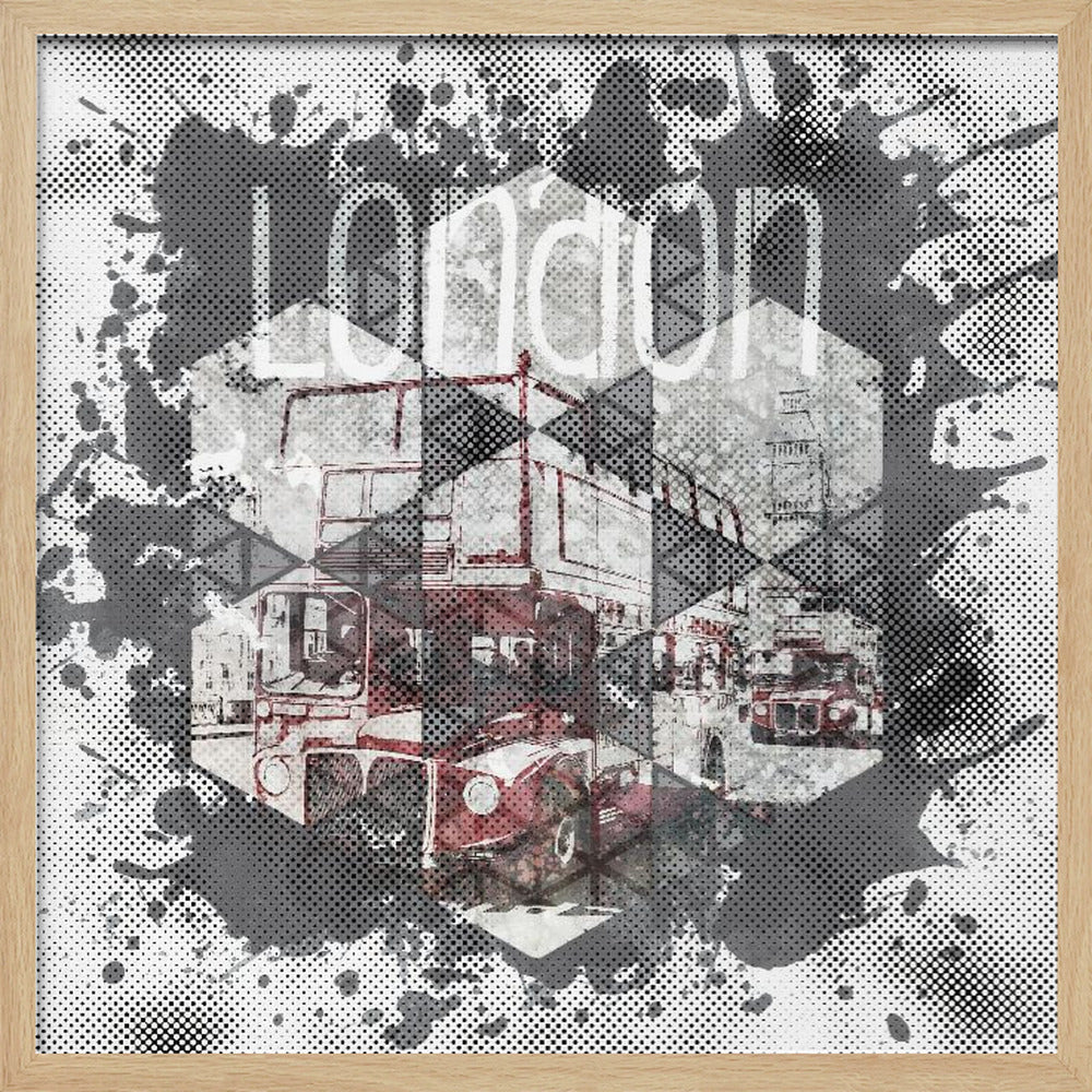 A framed modern art piece featuring a collage of London imagery, including a red double-decker bus and Big Ben, arranged in a hexagonal pattern. The artwork has a graphic, pop-art style with halftone dot effects and is surrounded by grey and black ink splatters, with the word 'london' visible at the top. Poster