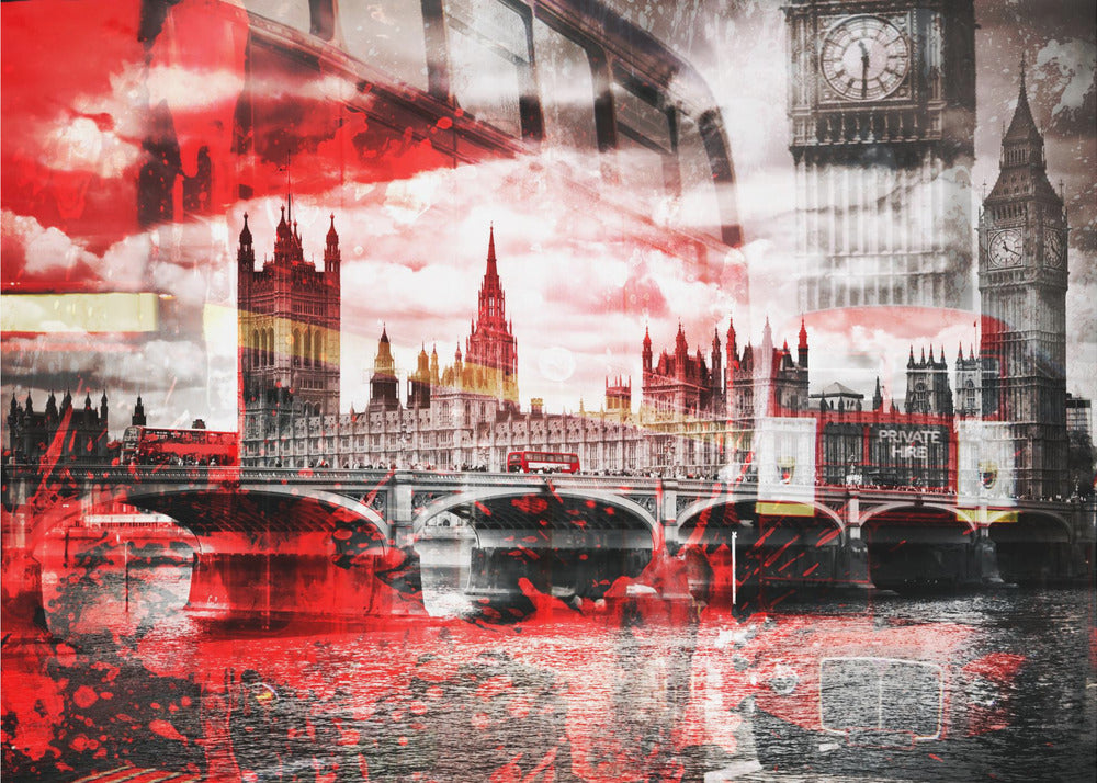 A modern abstract artwork of the London skyline featuring the Houses of Parliament and Big Ben in black and white, overlaid with bold, splashy strokes of bright red. The dramatic red is most prominent in the sky and reflected in the River Thames, creating a stark contrast. A classic red double-decker bus can be seen crossing Westminster Bridge. Decor