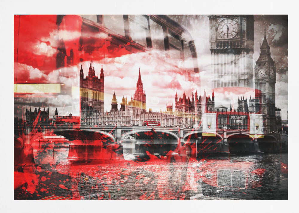 A modern abstract artwork of the London skyline featuring the Houses of Parliament and Big Ben in black and white, overlaid with bold, splashy strokes of bright red. The dramatic red is most prominent in the sky and reflected in the River Thames, creating a stark contrast. A classic red double-decker bus can be seen crossing Westminster Bridge. Decor