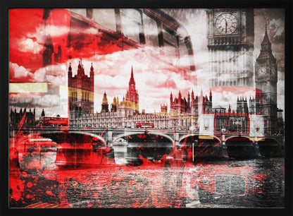 A modern abstract artwork of the London skyline featuring the Houses of Parliament and Big Ben in black and white, overlaid with bold, splashy strokes of bright red. The dramatic red is most prominent in the sky and reflected in the River Thames, creating a stark contrast. A classic red double-decker bus can be seen crossing Westminster Bridge. Decor