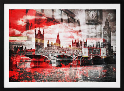 A modern abstract artwork of the London skyline featuring the Houses of Parliament and Big Ben in black and white, overlaid with bold, splashy strokes of bright red. The dramatic red is most prominent in the sky and reflected in the River Thames, creating a stark contrast. A classic red double-decker bus can be seen crossing Westminster Bridge. Decor