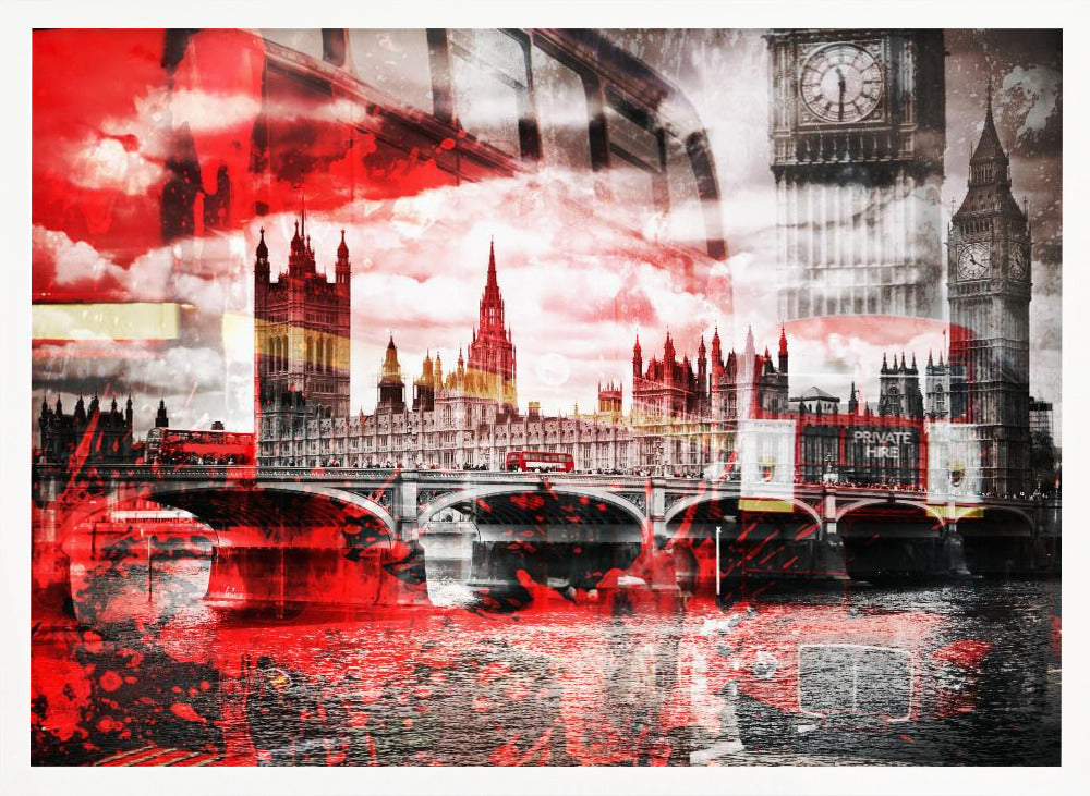 A modern abstract artwork of the London skyline featuring the Houses of Parliament and Big Ben in black and white, overlaid with bold, splashy strokes of bright red. The dramatic red is most prominent in the sky and reflected in the River Thames, creating a stark contrast. A classic red double-decker bus can be seen crossing Westminster Bridge. Decor