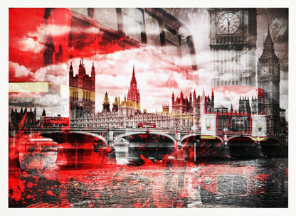A modern abstract artwork of the London skyline featuring the Houses of Parliament and Big Ben in black and white, overlaid with bold, splashy strokes of bright red. The dramatic red is most prominent in the sky and reflected in the River Thames, creating a stark contrast. A classic red double-decker bus can be seen crossing Westminster Bridge. Decor