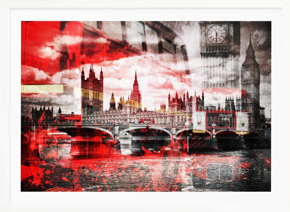A modern abstract artwork of the London skyline featuring the Houses of Parliament and Big Ben in black and white, overlaid with bold, splashy strokes of bright red. The dramatic red is most prominent in the sky and reflected in the River Thames, creating a stark contrast. A classic red double-decker bus can be seen crossing Westminster Bridge. Decor