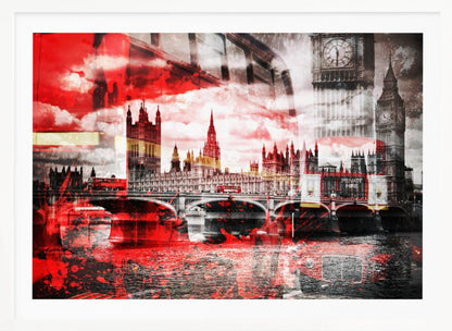 A modern abstract artwork of the London skyline featuring the Houses of Parliament and Big Ben in black and white, overlaid with bold, splashy strokes of bright red. The dramatic red is most prominent in the sky and reflected in the River Thames, creating a stark contrast. A classic red double-decker bus can be seen crossing Westminster Bridge. Decor